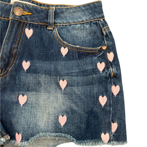 Cut off denim shorts w pink embroidered hearts. Small. Like new. FB Sisters. Sm - Picture 3 of 9